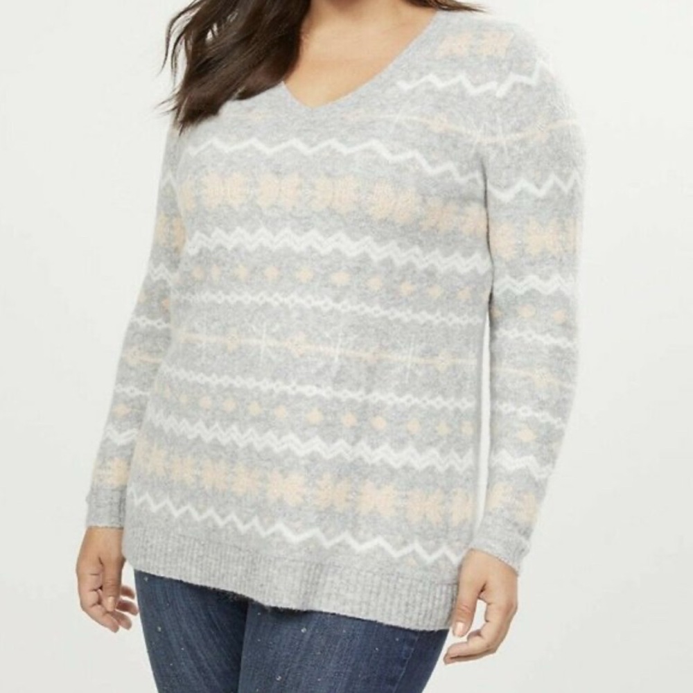 Lane Bryant Gray and Pink Snowflake Fair Isle V-Neck Sweater Size 18/20